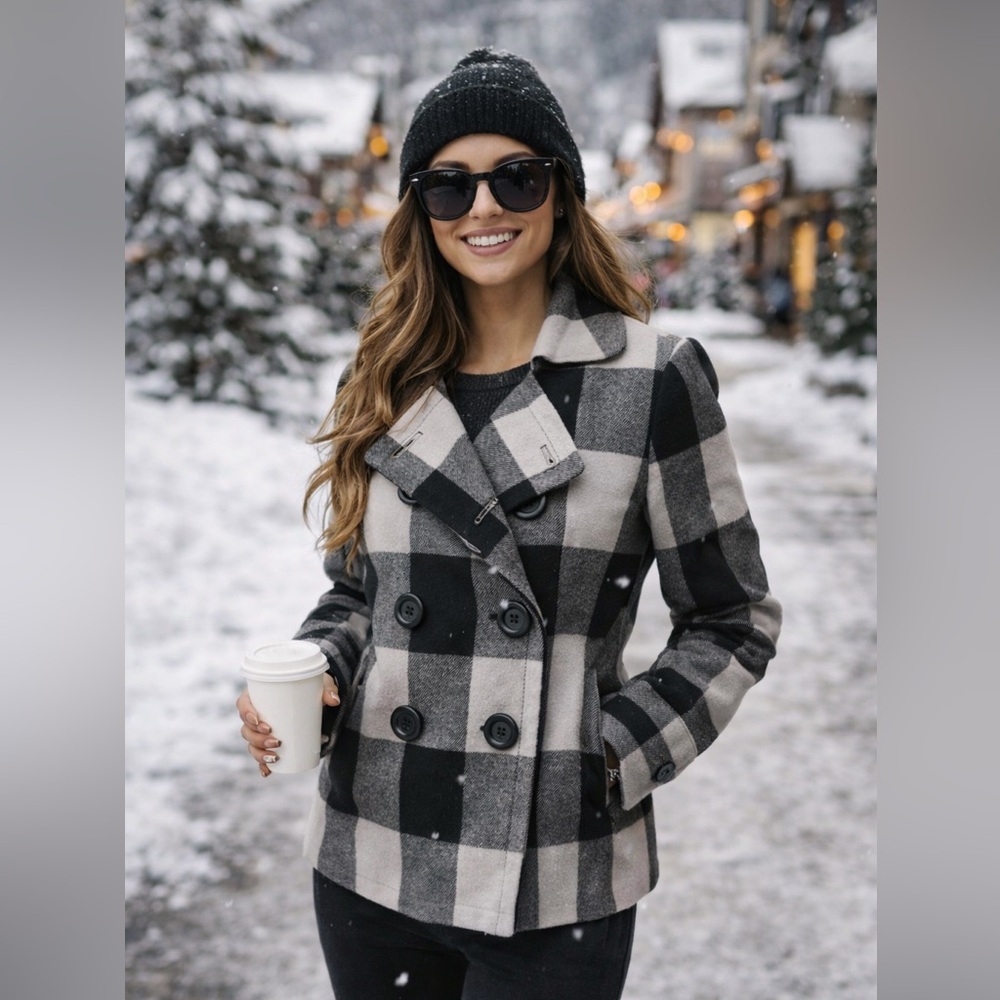 J Crew Cropped Plaid Peacoat Black Gray Double Breasted Size 4